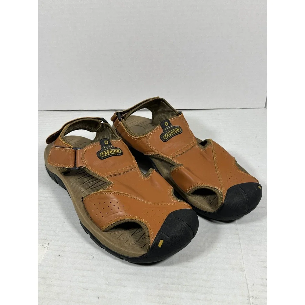 Fashion Mens Tan Brown Closed Toe Sport Hiking Sandals Size 47 Adjustable Strap